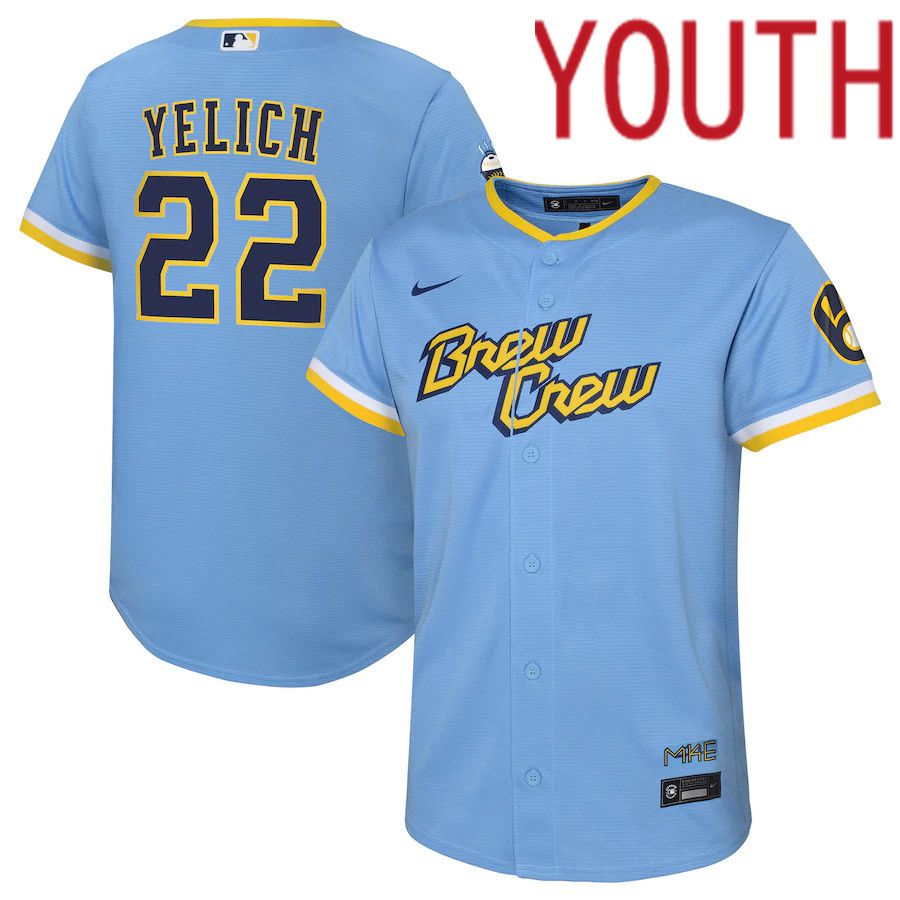 Custom Youth Milwaukee Brewers #22 Christian Yelich Nike Powder Blue 2022 City Connect Replica Player MLB Jersey